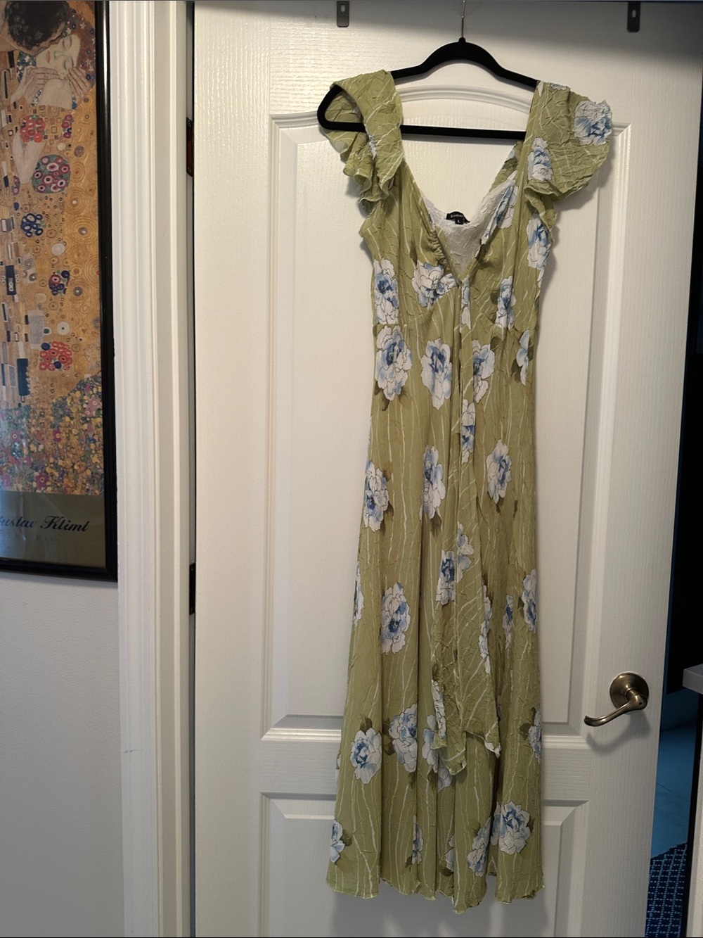 Komarov Olive Green Floral Maxi Dress with White and Blue Blooms - Picture 1 of 1